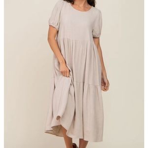Beige Linen Short Sleeve Tiered Back Tie Midi Dress
